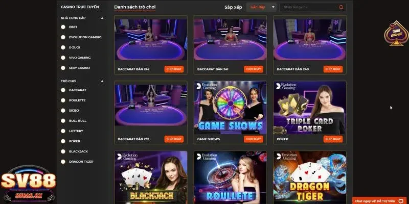 Điểm danh các trò chơi hấp dẫn tại live casino SV88