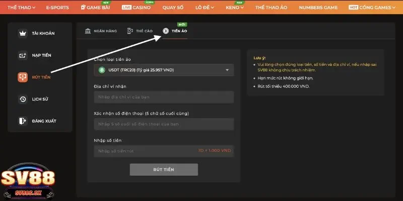 Những vấn đề người chơi cần quan tâm khi rút tiền SV88